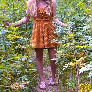 Burnt Orange Romper with White Flowers and  Pockets